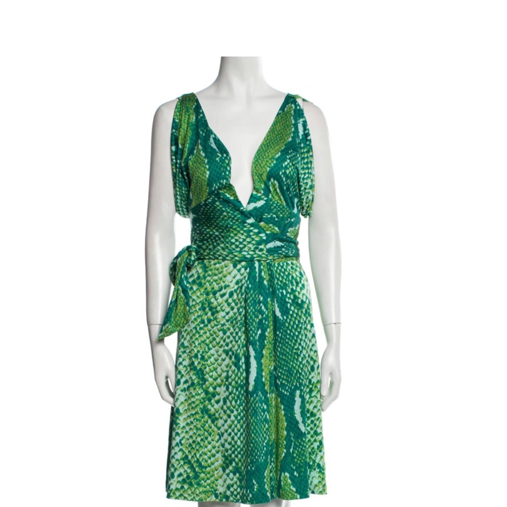 Diane Von Furstenberg wrap dress in teal, blue and green snake print